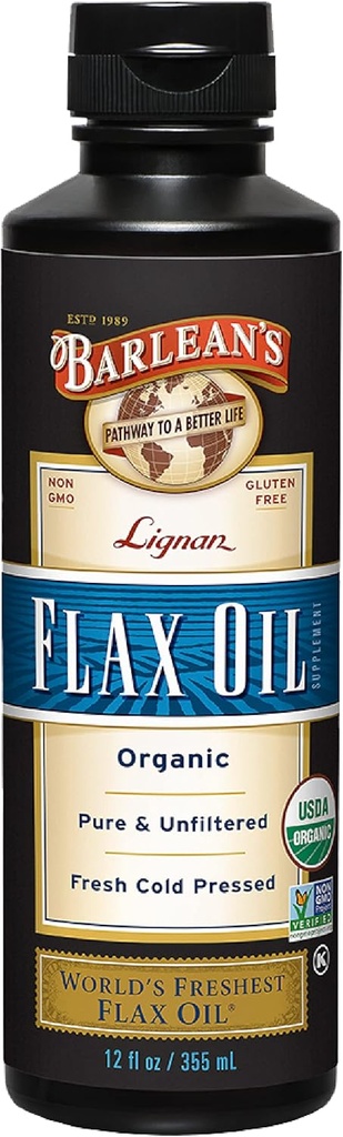 Βιολογικό Lignan flaxseed Oil της Barlean Υγρό συμπλήρωμα από ψυχρής συμπίεσης σπόρους λιναριού, 7,230 mg ALA Ωμέγα-3 λιπαρά οξέα για υγιή μαλλιά, δέρμα και μάτια, χωρίς γλουτένη, 12 oz