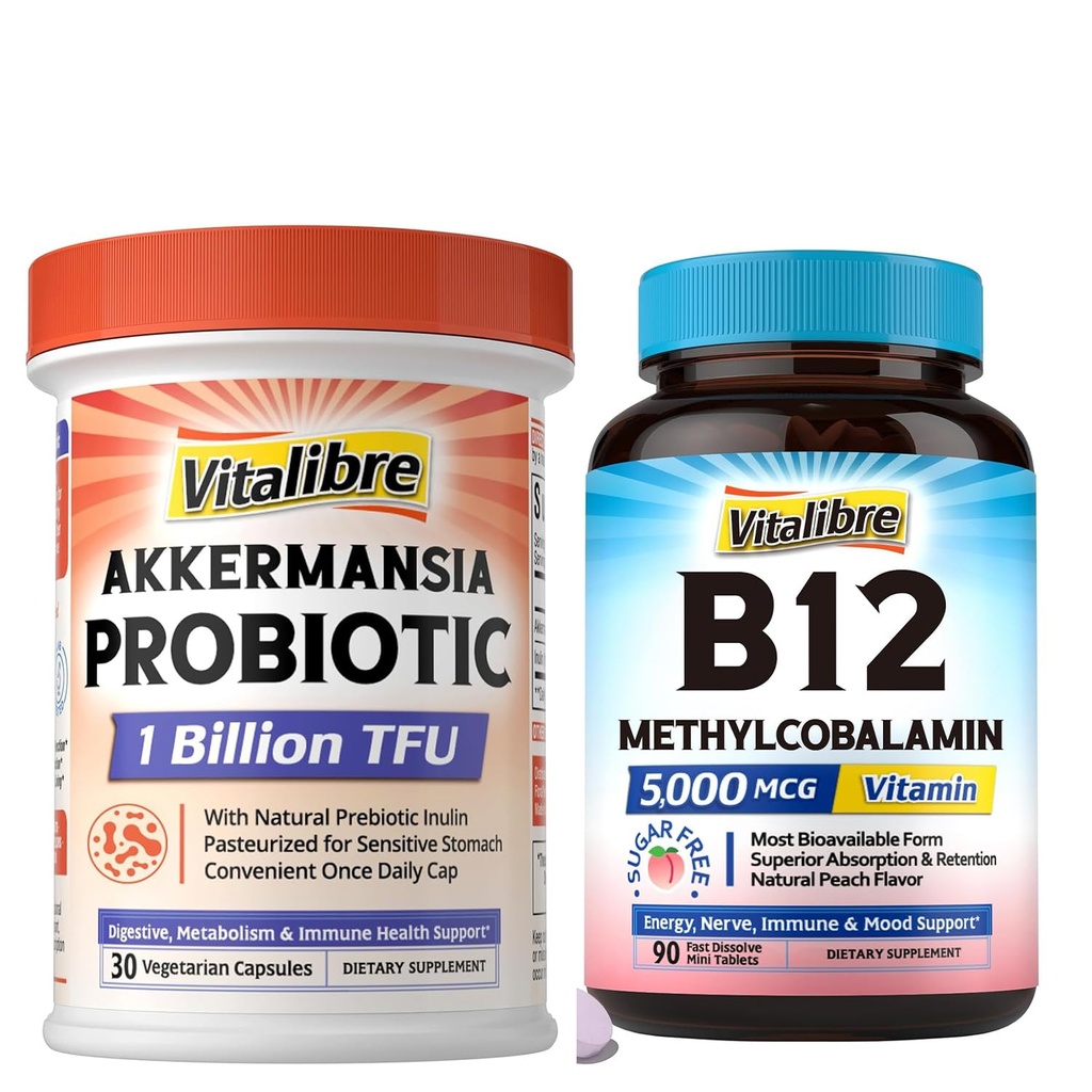 Akkermansia Muciniphila Probiotic 1 Billion TFU, 30 Capsules & Vitamin B12 Sublingual 5000 mcg, 90 Fast Dissolve Mini Tablets, No Sugar