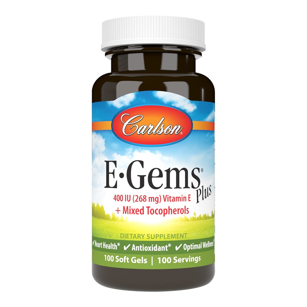 Carlson - E-Gems Plus, 400 IU (268 mg), Natural-Source Vitamin E, Optimal Wellness, 100 Soft Gels