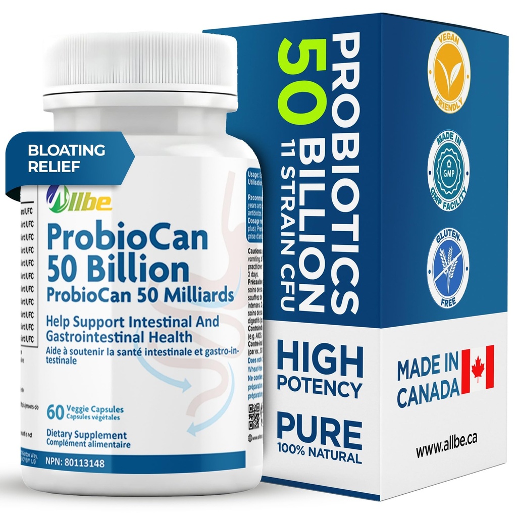 Allbe ProbioCan - Probiotic 50 Billion CFU (60 Servings), 11 Strains of Lactobacillus & Bifidobacteria, Supports Digestive Health & Immune Function, Probiotics for Women & Men - Pack of 1