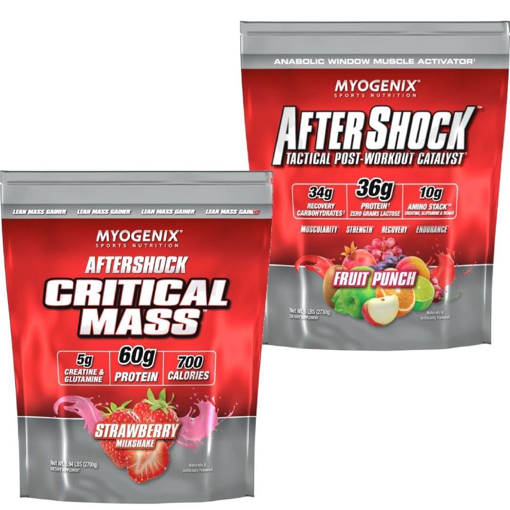 Myogenix Critical Mass Strawberry 5 lbs & Aftershock Fruit Punch 6 lbs – Critical Mass: Whey Protein Powder, Creatine & Glutamine – Aftershock: Recovery Carbohydrates, Protein Powder, & Aminos Stack