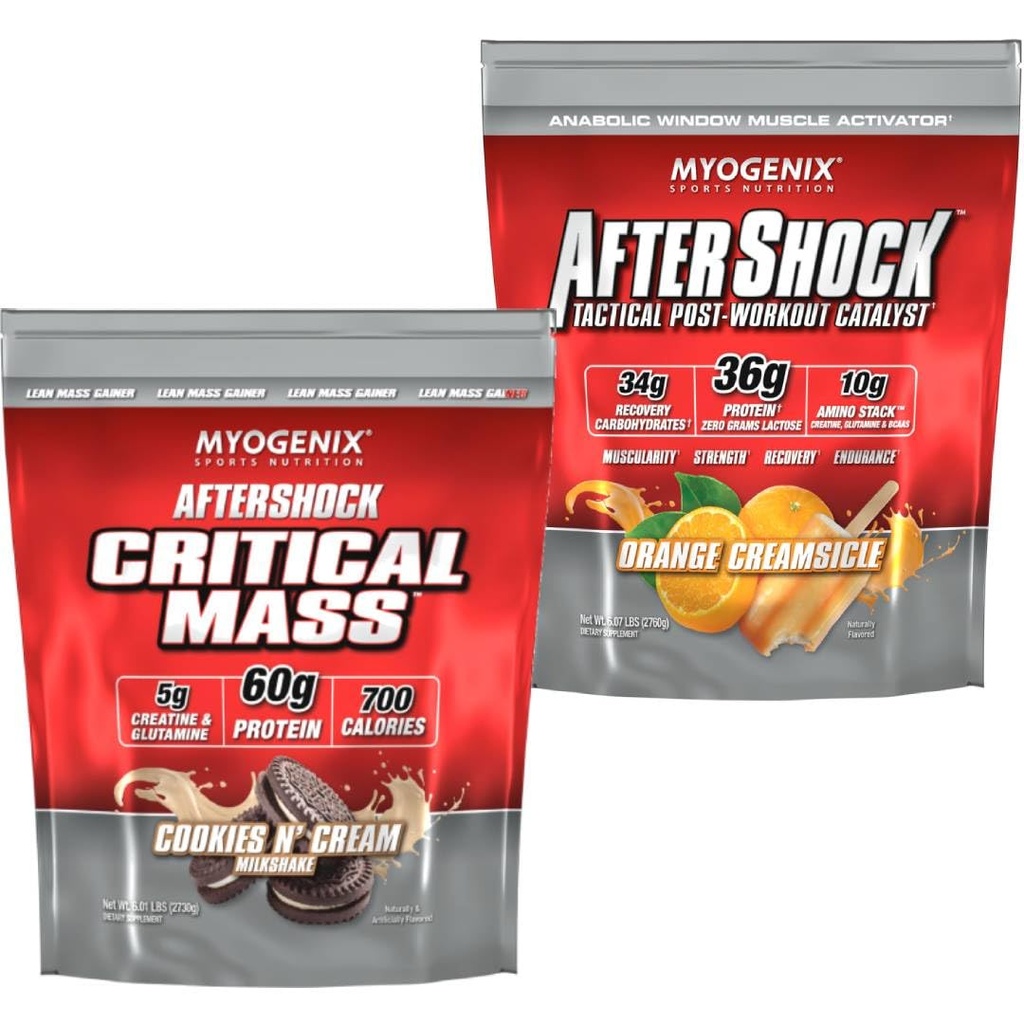Myogenix Critical Mass Cookies & Cream and Aftershock Orange Creamsicle 6 lbs – Critical Mass: Whey Protein Powder, Creatine & Glutamine – Aftershock: Recovery Carbohydrates, Protein Powder, & Aminos