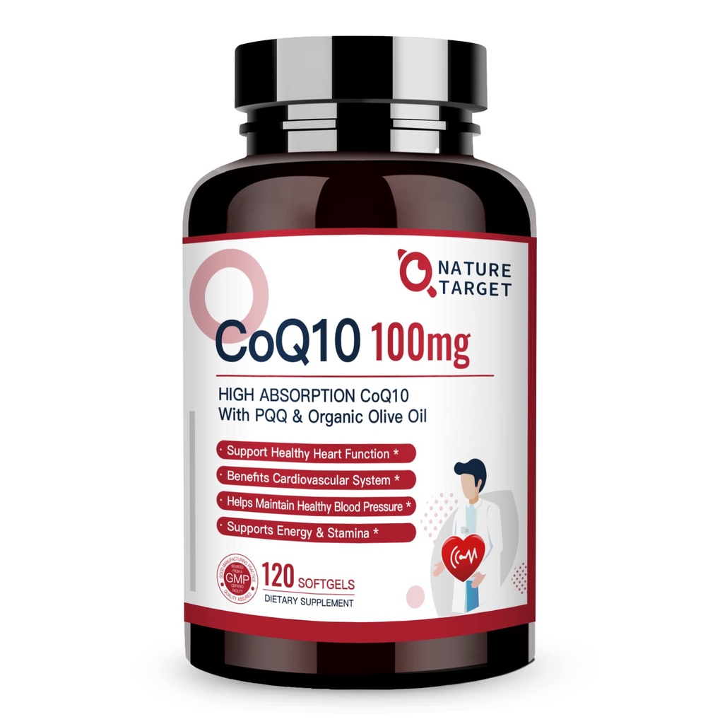 NATURE TARGET CoQ10-100mg-Softgels με 10mg PQQ - Υψηλή Απορρόφηση Συνένζυμο-Q10 με Βιολογικό-Olive-Oil - Αντιοξειδωτικό για την Υγεία της Καρδιάς & του Εγκεφάλου, Κυτταρική-Ενέργεια-Παραγωγή, 120 Εξυπηρετήσεις