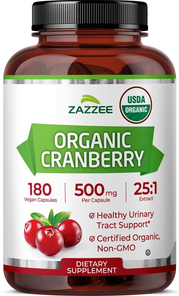 Zazzee USDA Organic Cranberry 25:1 Extract, 500 mg per Capsule, 180 Vegan Capsules, 6 Month Supply, Certified Kosher, Vaccinium Macrocarpon, Bladder Support, Non-GMO, Made in the USA