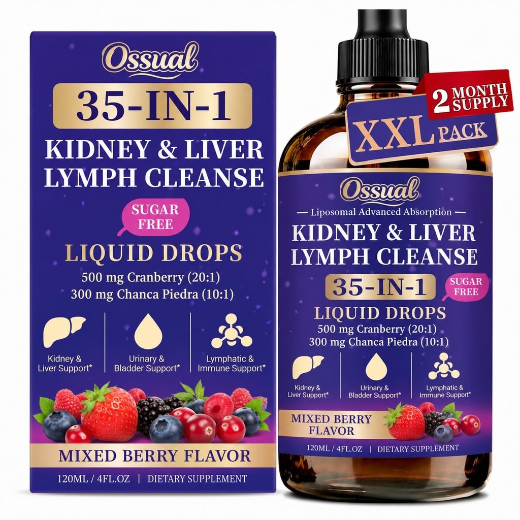 35-in-1 Kidney and Liver Cleanse Detox & Repair Drops – Liposomal Lymphatic Drainage with Cranberry, Milk Thistle & Chanca Piedra – Urinary Tract & Liver Support, Vegan, Mixed Berry Flavor, 4 FL Oz