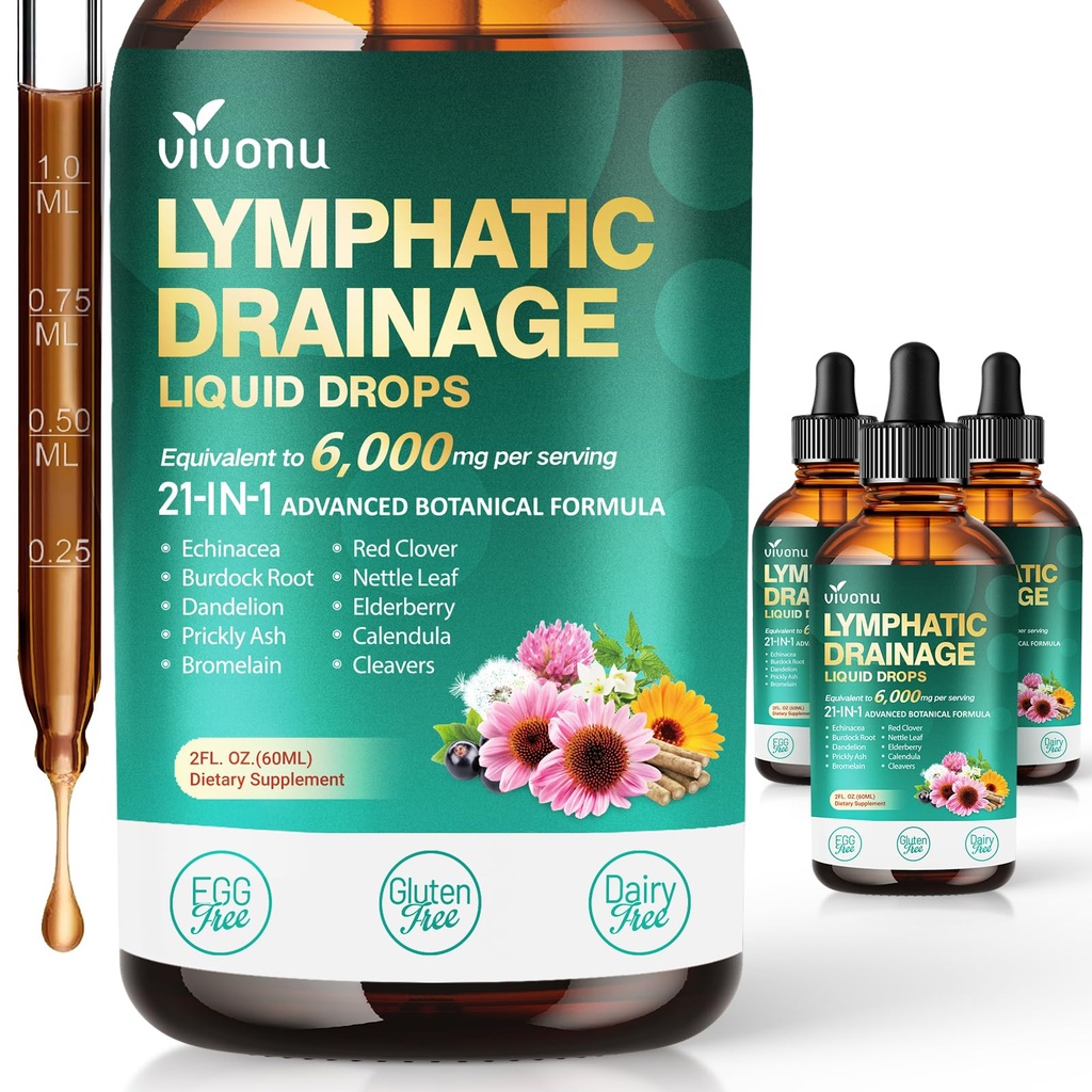 21-in-1 Lymphatic Drainage Drops for Liposomal, Immune & Lymph System Support Supplement for Women & Men with Echinacea, Dandelion, Burdock, Bromelain, Calendula, Turmeric & More, 3 Pack