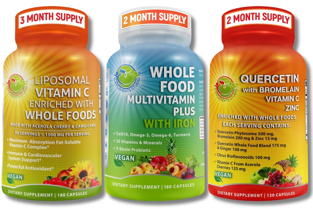 SUPPLEMENTS STUDIO Vegan Immune, Energy & Whole Body Support Bundle – Vegan Whole Food Multivitamin with Iron + Liposomal Vitamin C 1500mg + Quercetin with Bromelain, Zinc, and Vitamin C – Non-GMO