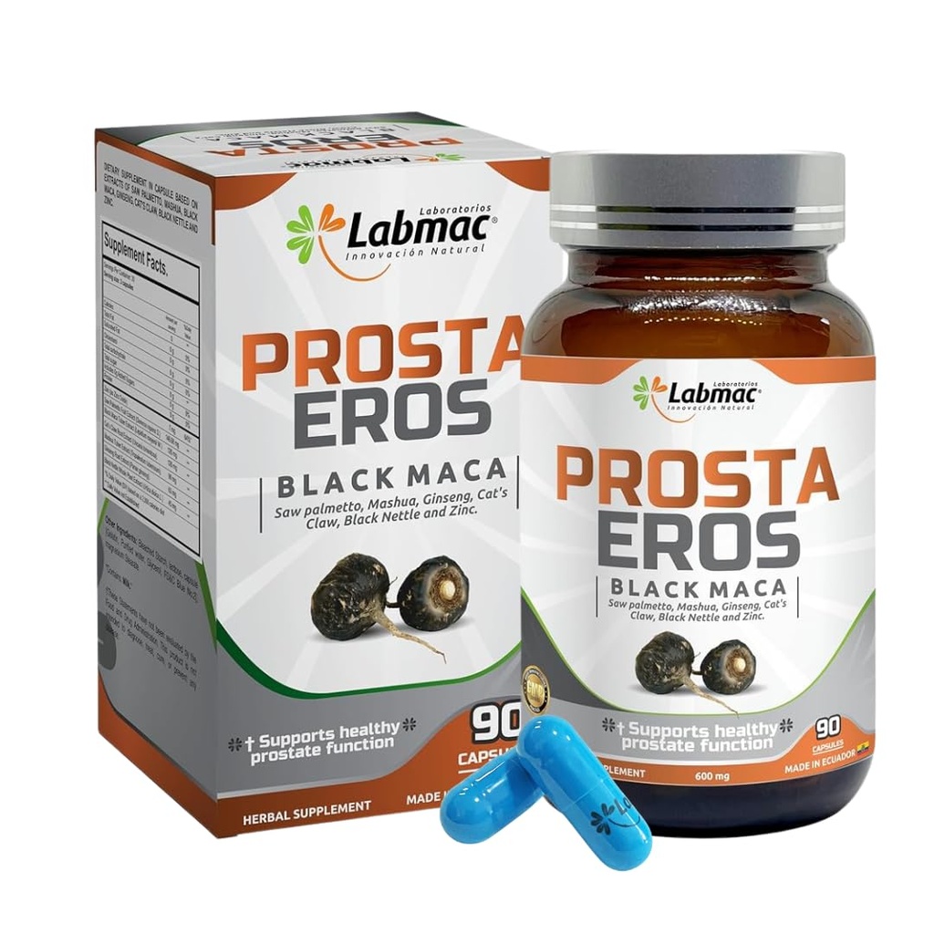 ProstaEros- Prostate Support Supplement - 7 Natural Ingredients - Black Maca, Saw Palmetto, Mashua, Cat's Claw, Gingseg, Black Nettle and Zinc Capsules 90 Count (Pack of 1)