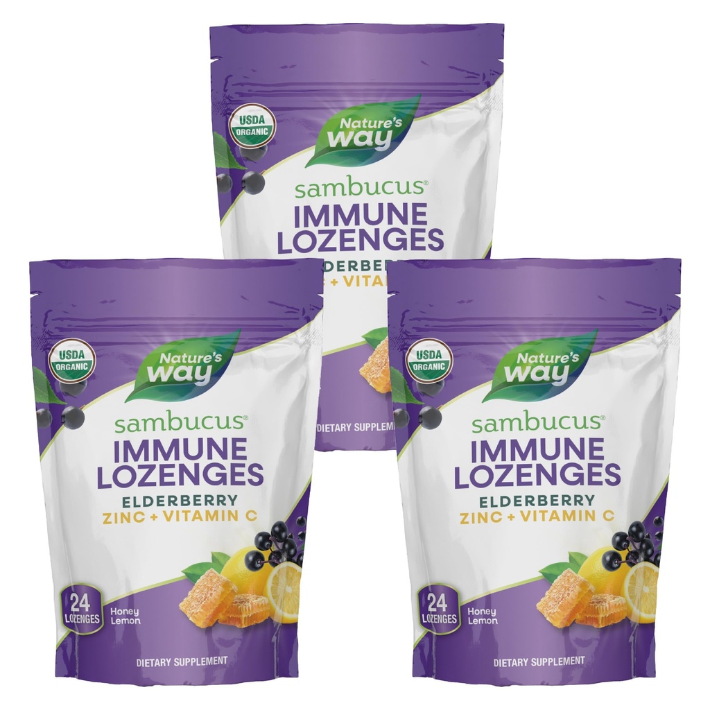 Nature's Way Sambucus Zinc Lozenges With Elderberry and Vitamin C, Honey Lemon Flavor, 24 Lozenges (3 Pack)