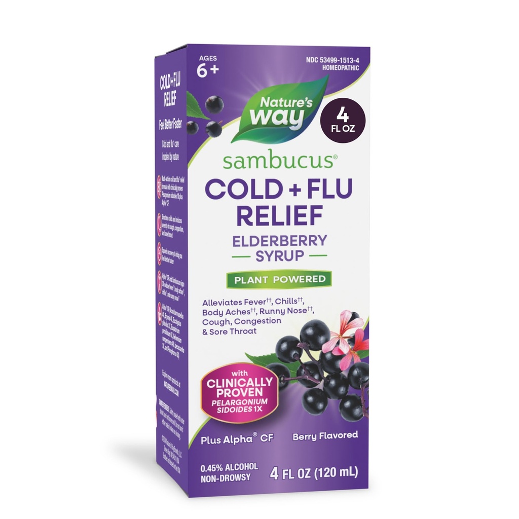 Nature's Way Sambucus Cold + Flu Relief Elderberry Syrup, Homeopathic Formula Speeds Recovery from Fever(1), Body Aches(1), Chills(1), Cough, Congestion, Sore Throat, Berry Flavored, 4 Fl. Oz