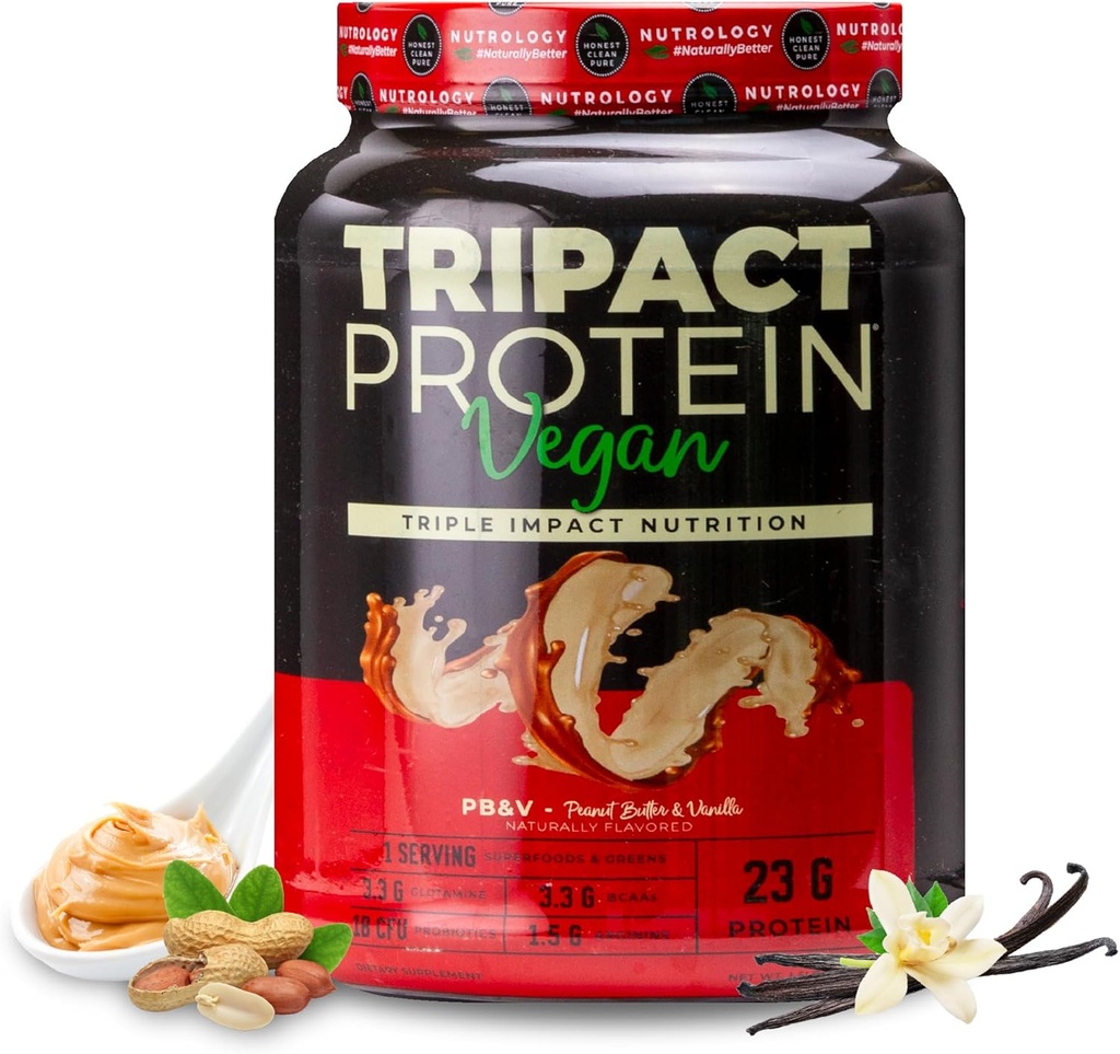 Nutrology TRIPACT Vegan Protein Pea, Rice & Pumpkin Protein, BCAAs & Glutamine Plant-based Meal Replacement Shakes for Mus Recovery & Immunity, Φυστικοβούτυρο & Βανίλια, 20 Services