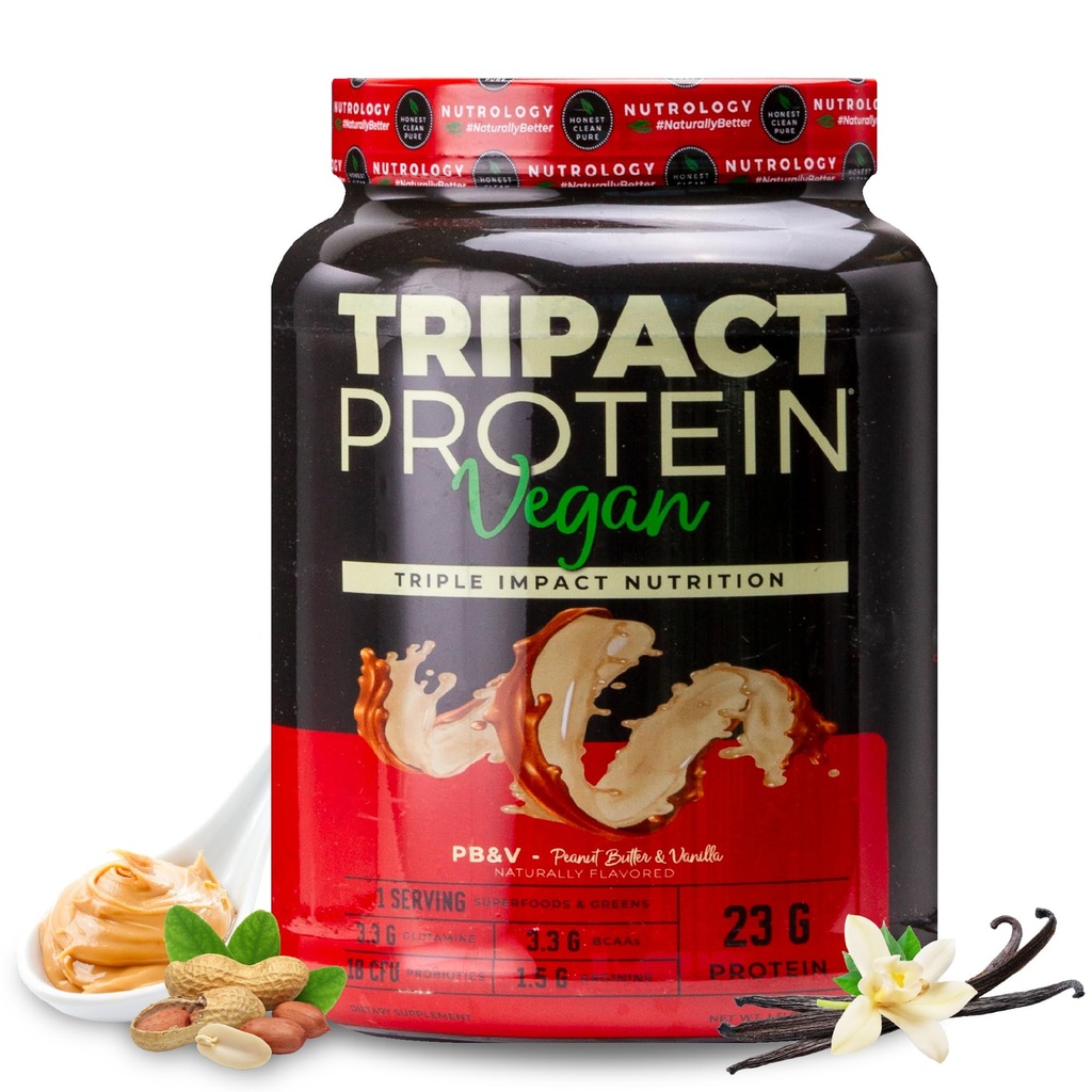 Nutrology TRIPACT Vegan Protein Powder - Organic Pea, Rice & Pumpkin Blend Meal Replacement Shake with BCAAs & Glutamine for Muscle Recovery & Immunity, Peanut Butter & Vanilla Flavor, 20 Servings.