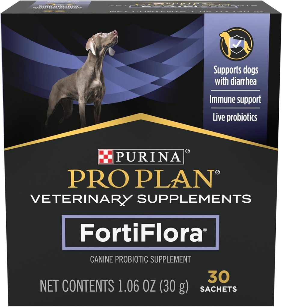 Purina Pro Plan Veterinary Supplements FortiFlora Dog Probiotic Supplement, Clinical Formula for Digestive Health & Diarrhea Relief, Veterinarian Recommended, 30 Individual Sachets (30-Count Box)