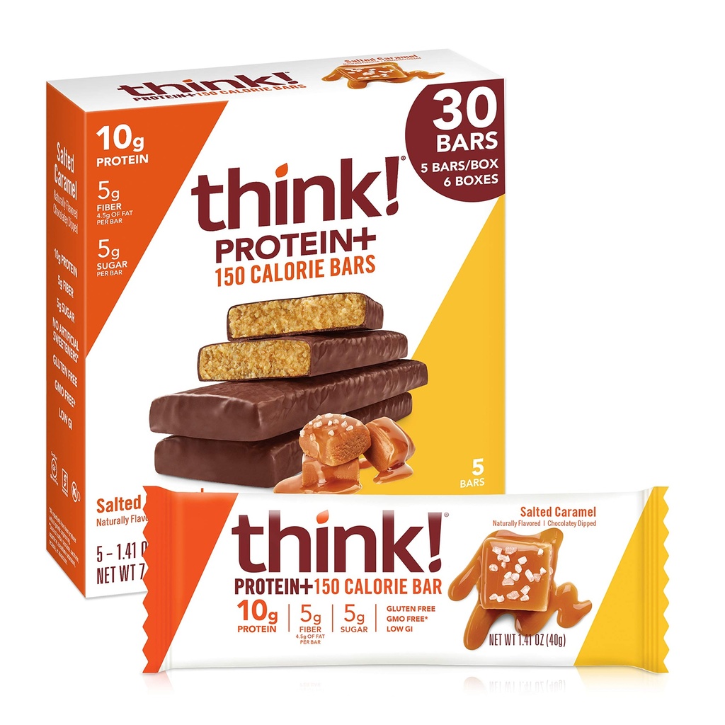 think! Protein Bars with Chicory Root for Fiber, Digestive Support, Gluten Free with Whey Protein Isolate, Salted Caramel, Snack Bars without Artificial Sweeteners, 1.4 Oz (30 Count)