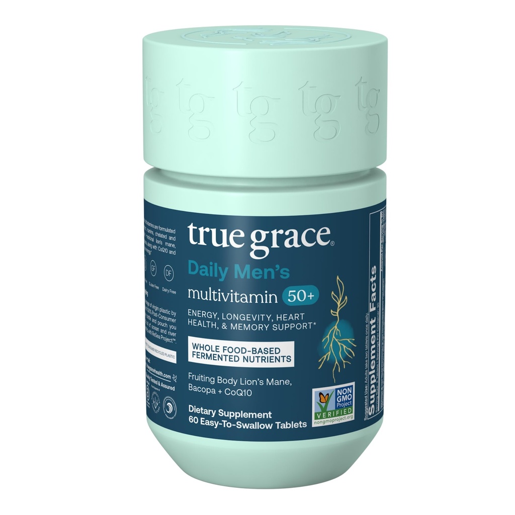 True Grace Daily Men’s Multivitamin 50+ - 60 Easy-to-Swallow Tablets - Immune, Energy, Longevity & Memory Support - Gluten Free, Soy Free, Vegan - 30 Servings