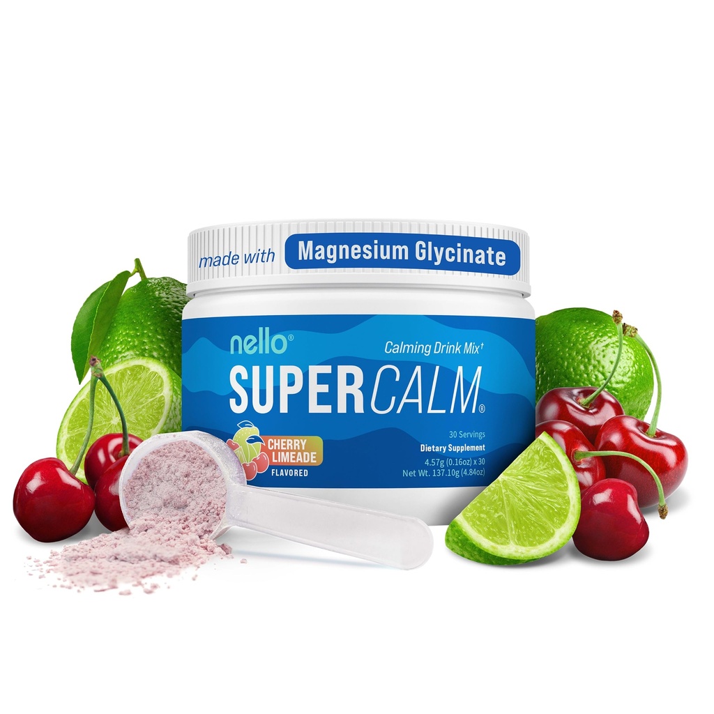 Nello Supercalm Powdered Drink Mix Tub, Cortisol Reducer* and Sleep Aid Supplement, L Theanine, Ksm-66 Ashwagandha, Magnesium Glycinate, Vitamin D 3, No Sugar, Non GMO, 30 Ct, Cherry Limeade