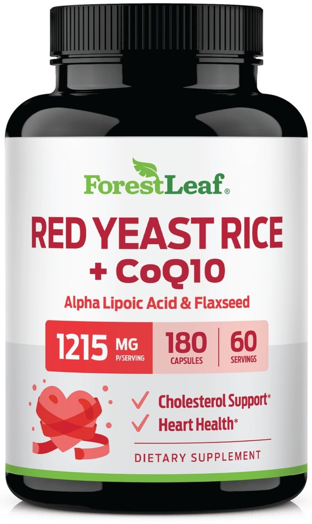 ForestLeaf Red Yeast Rice with CoQ10 Supplement - 1215mg Extra Strength Red Yeast Rice Capses with Alpha Lipoic Acid & Organic Flaxseed, Citrinin Free - 180 Capsles