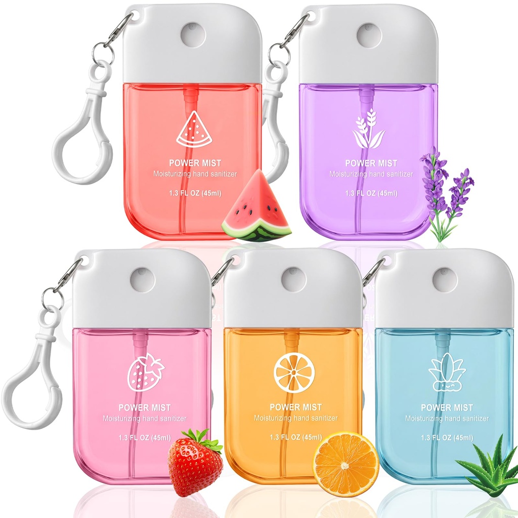 Hand Sanitizer Spray Travel-Size - 5 Pack No-Rinse Spray Hand Sanitizers with Hook Hydrating Portable Hand Sanitizer Travel Spray for Parks, Beaches, Airplanes, 5 Scents