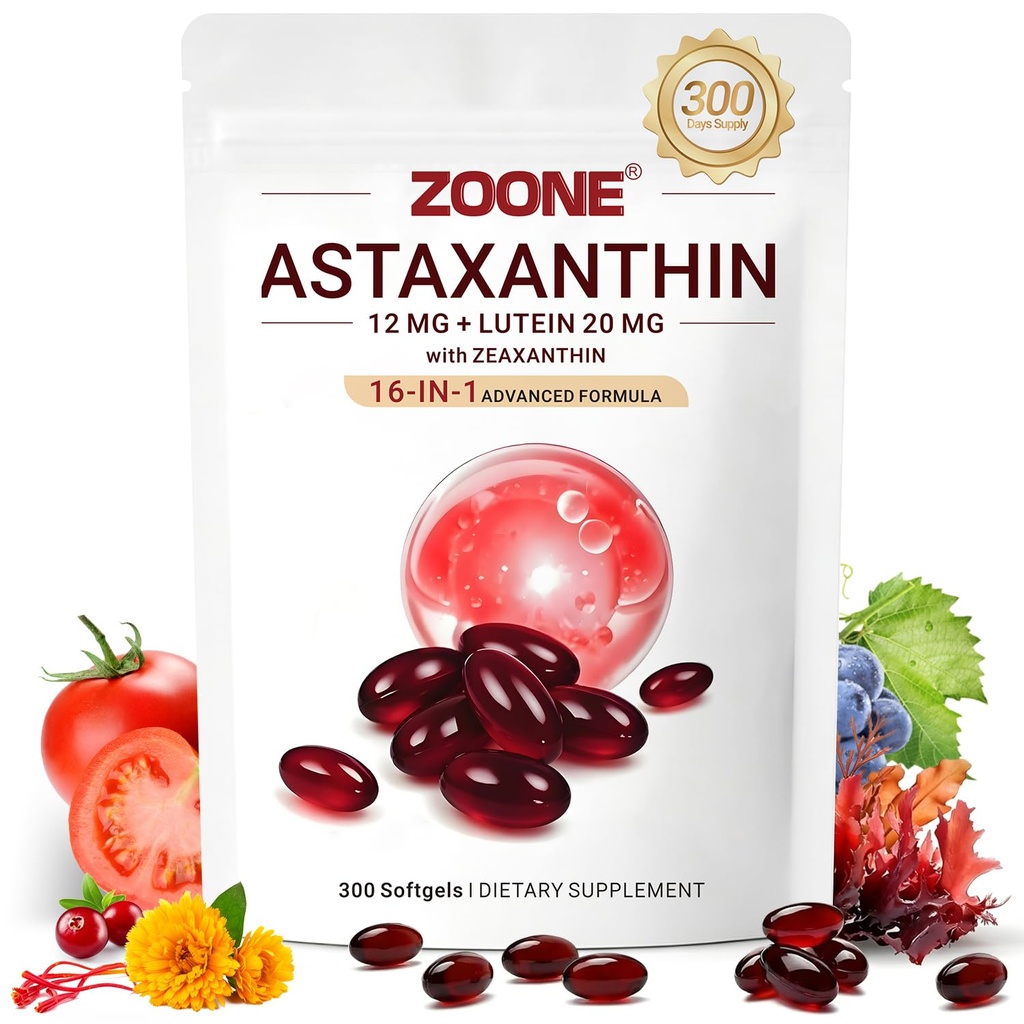 16-in-1 Astaxanthin 12mg Antioxidant Supplements, 300 Softgels | Astaxanthin with Lutein and Zeaxanthin Supplements, Fresh Microalgae Source for Eye Skin Health, No Gluten, 10-Month Supply