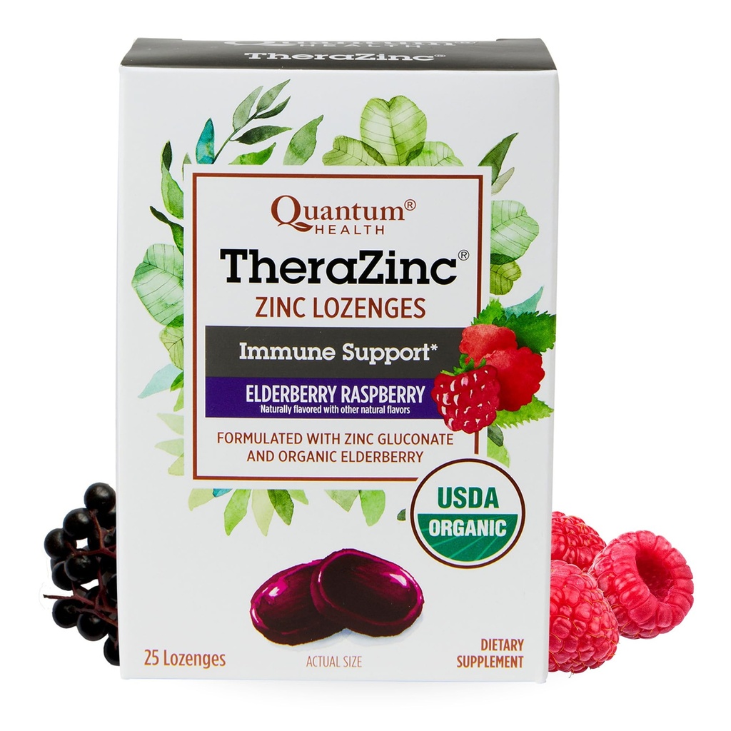 Quantum Health TheraZinc Organic Zinc Lozenges Elderberry & Honey - Immune Support for Adults & Kids 12+ Naturally Flavored Raspberry Fast Relief with No Aftertaste - 25 Count