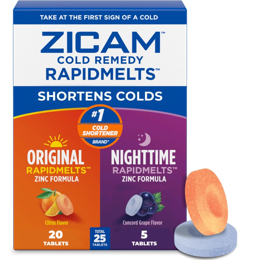 Zicam Cold Remedy Original + Nighttime RapidMelts Combo Pack, Non‑Drowsy Zinc Homeopathic Cold Shortening Relief for Nasal Congestion & Occasional Sleeplessness, Citrus & Grape, 25 Count