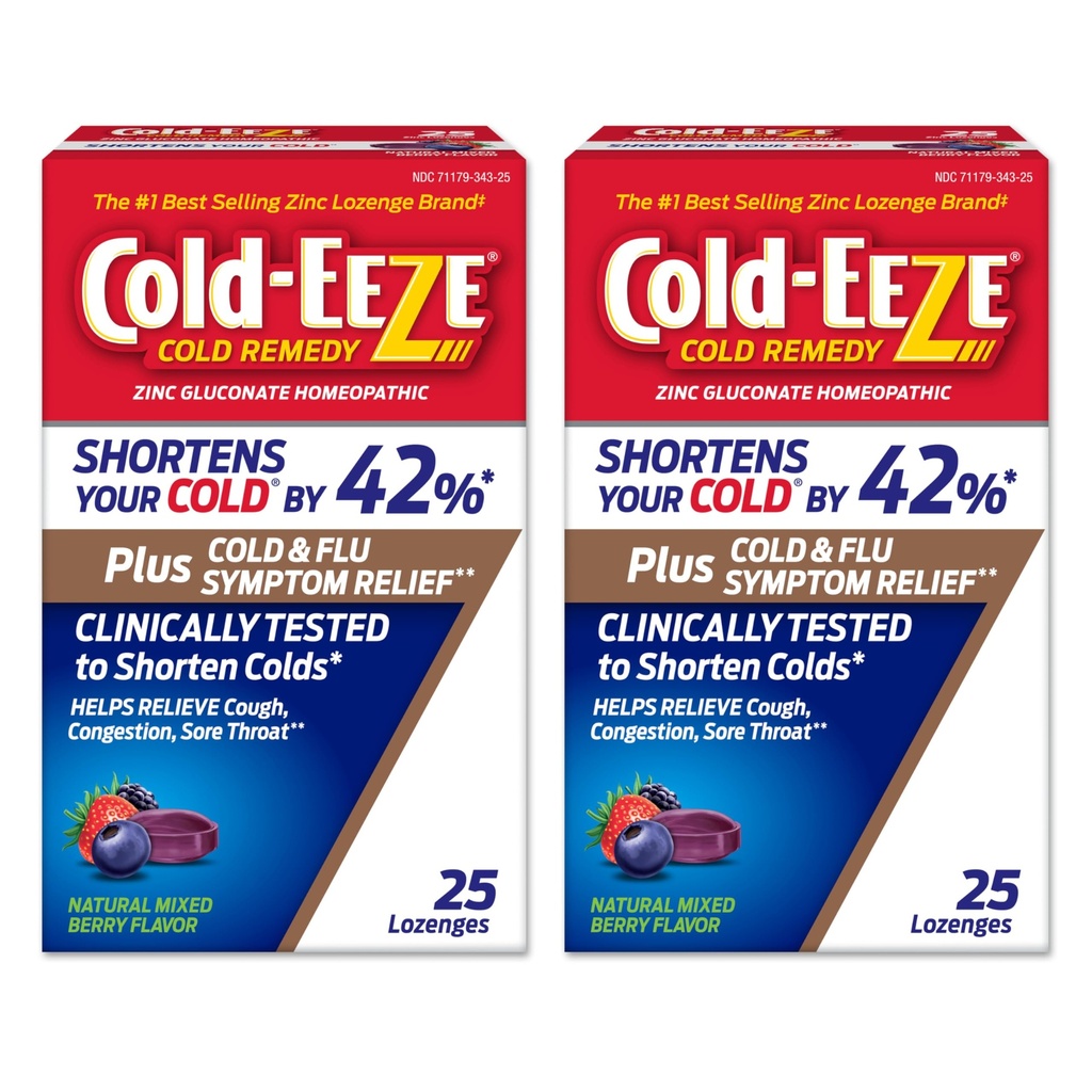 Cold-Eeze Plus Natural Mixed Berry Cold & Flu Zinc Lozenges, Multi-Symptom Relief, Homeopathic Cold Remedy, Reduces Duration of the Common Cold by 42%, Sambucus Nigra for Symptoms, 25 Ct, 2 Pack