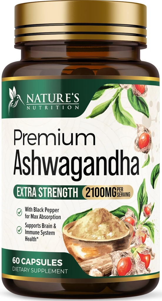 Ashwagandha Συμπληρώματα - 2100mg Ashwagandha κάψουλα για γυναίκες & άνδρες, φυσική αντιοξειδωτική υποστήριξη, εκχύλισμα ρίζας Ashwa, επιπλέον δύναμη ήρεμη υποστήριξη με μαύρο πιπέρι, Vegan & χωρίς γλουτένη - 60 κάψουλες