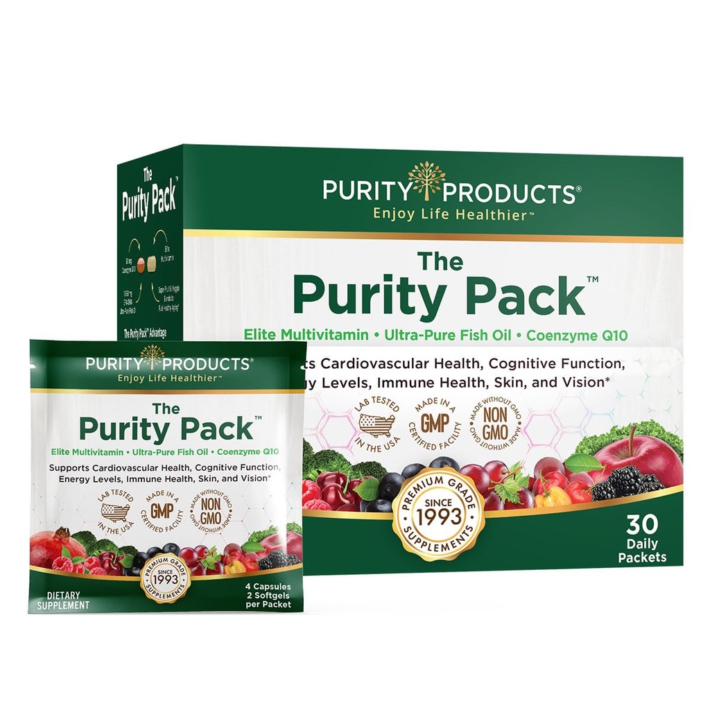 Purity Products Purity Pack (Elite Multi + Fish Oil + COQ10) - 1280mg of EPA + DHA + Omega-3's from Ultra Pure Fish Oil - Power Packed with Vitamins, Minerals, Super Fruits & More - 30 to-Go Packets