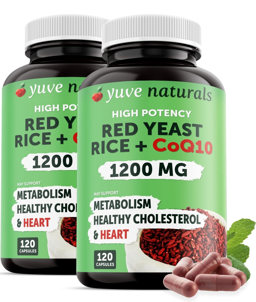 100% Natural Red Yeast Rice 1200 mg with CoQ10 100 mg, 2 in 1, Maintain Healthy Cholesterol Levels - 120 Veggie Capsules (2-Pack)