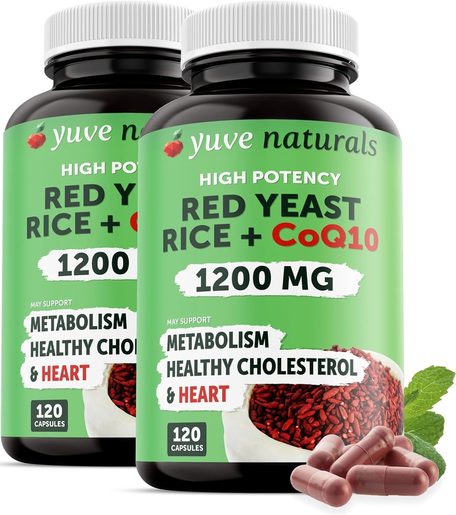 Red Yeast Rice 1200 mg Κάψουλες με CoQ10 - Διατήρηση Υγιεινή Χοληστερόλη Επίπεδα, Φυτική Καρδιά Υγεία Vegan Red Yeast Rice Supplement - Red Rice Yeast with CoQ10 for Women & Men - 120 Ct (2-Pack)