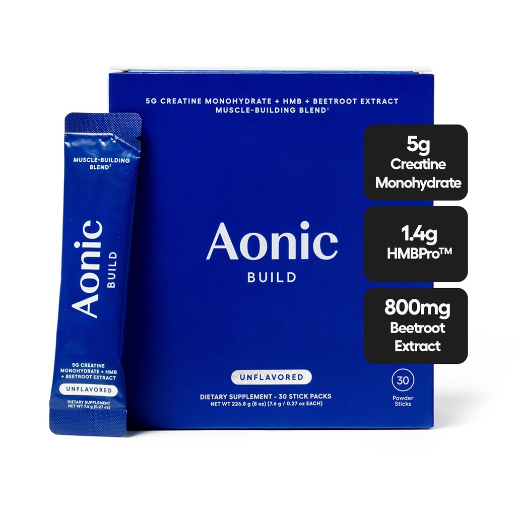 AONIC Build 3-in-1 Creatine Powder, HMBPro™ & Beetroot Formula | Vegan, Non-GMO Pre/Post-Workout Drink Mix – Unflavored (30 Sticks)