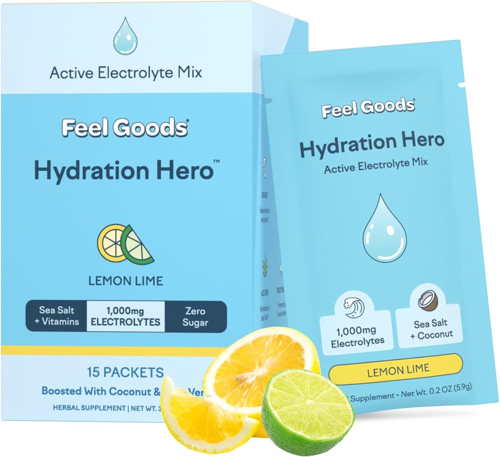 Feel Goods Hydration Hero, 1000mg Ηλεκτρολυτών σκόνη, Χωρίς ζάχαρη, Μαγνήσιο, Βιολογική Αλόη Βέρα, L Θεανίνη, Βιταμίνη C & B12, Μη ΓΤΟ, Κέτο, Vegan, Ηλεκτρολυτές Packets 