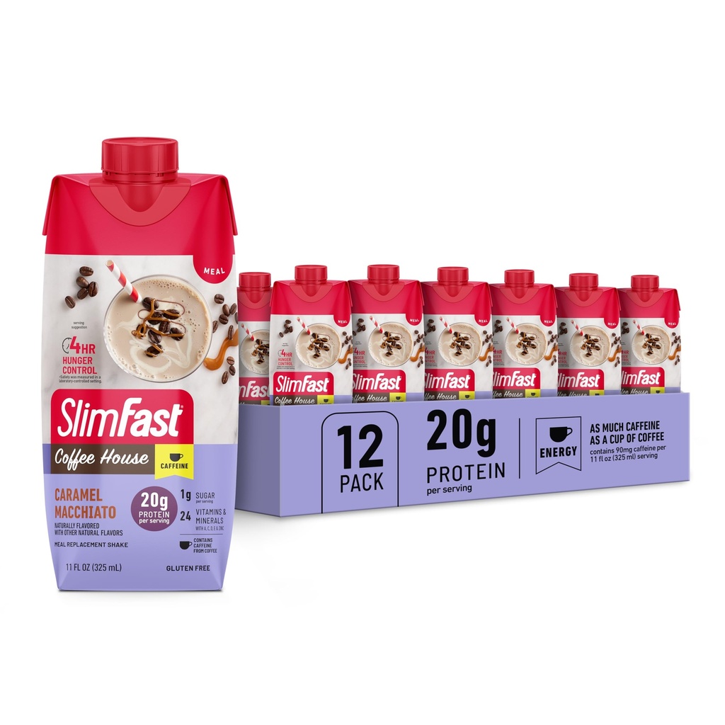 SlimFast Protein Shake with Caffeine, Caramel Macchiato- 20g Protein, Meal Replacement Shakes, High Protein with low Carb and low Sugar, 24 Βιταμίνες και Ορυκτά, 12 Count (Pack of 1)