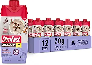 SlimFast Protein Shake with Caffeine, Caramel Macchiato- 20g Protein, Meal Replacement Shakes, High Protein with low Carb and low Sugar, 24 Βιταμίνες και Ορυκτά, 12 Count (Pack of 1)