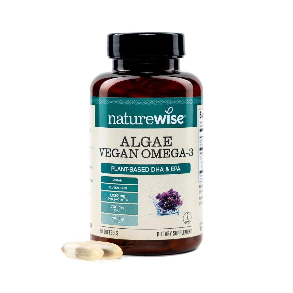 NatureWise Vegan Algae Omega-3-1458mg Algae Oil - with Plant-Based 700mg DHA & 280mg EPA - Carrageenan Free - Lemon ScentCert Included - Non-GMO - USA Manufactured - 60 Softgels[30-Day Supply]