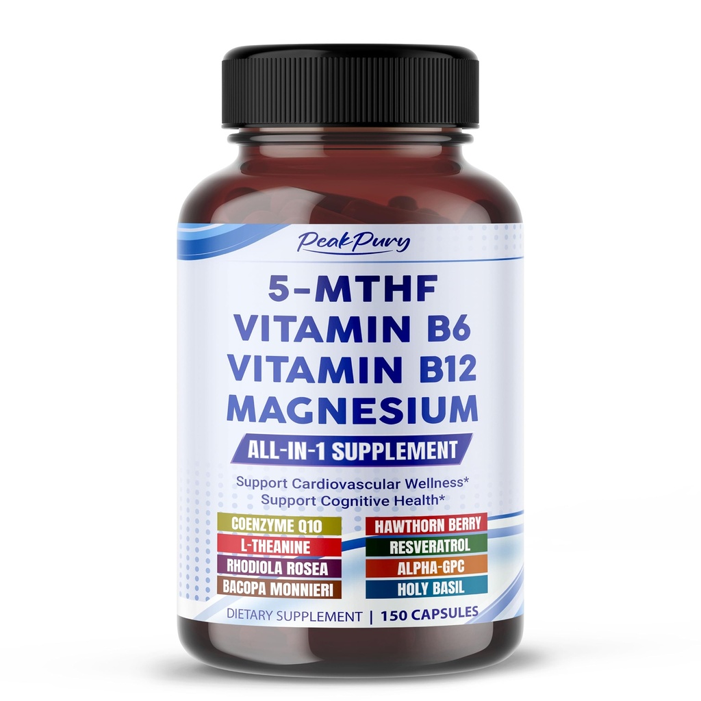 Ultra 5-MTHF with Vitamin B6, B12, Magnesium, CoQ10 & Rhodiola – All-in-1 Supplement for Cardiovascular, Mood & Brain Support – 150 Capsules