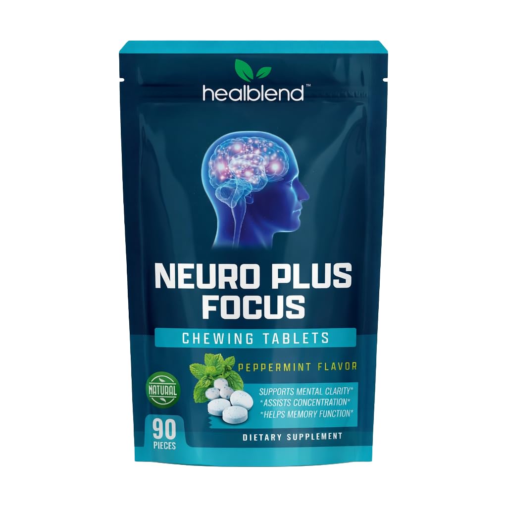 Healblend Neuro Plus Focus Chewing Tablet - Peppermint Flavor - Nootropic Energy Tablet with Caffeine, L-Theanine, Rhodiola - Supports Memory, Mental Clarity & Concentration - 90 Pieces