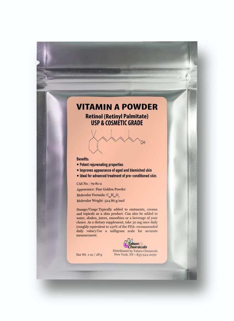 Vitamin A Powder Retinyl Palmitate, Pure Retinol Powdered Vitamin Water Soluble Vitamin A USP & Cosmetic Grade (1 oz. / 28 Grams)