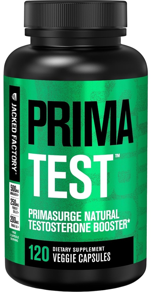 Jacked Factory Testosterone Booster for Men PRIMASURGE - w/Tongkat Ali, PrimaVie, Ashwagandha - Boost Vitality, Muscle Growth & Energy | Natural Test Booster Supplement - 120 Veggie Pills