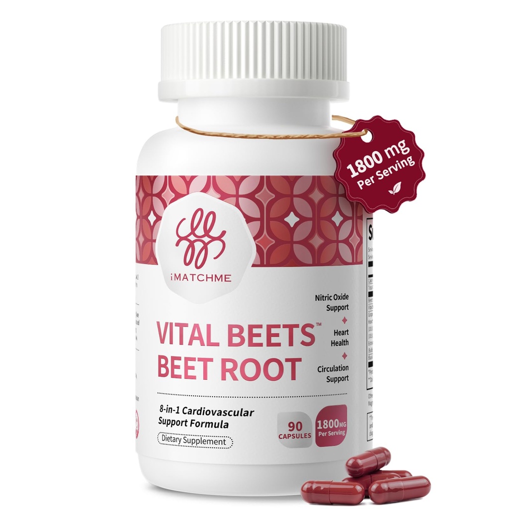 Vital Beets 1800mg Beet Root Capsules Nitric Oxide Support 90 Count | 8-in-1 Heart & Circulation Complex Heart Health Support Blood Pressure Wellness Healthy Circulation Daily Energy & Endurance