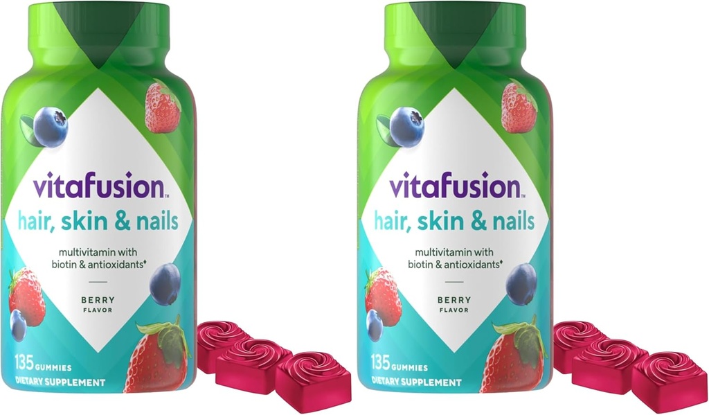 Vitafusion Gorgeous Hair, Skin & Nails Multivitamin Plus Biotin and Antioxidant Vitamins C&E, Raspberry Flavor, 135ct (45 Day Supply), from America’s Number One Gummy Vitamin Brand (Pack of 2)