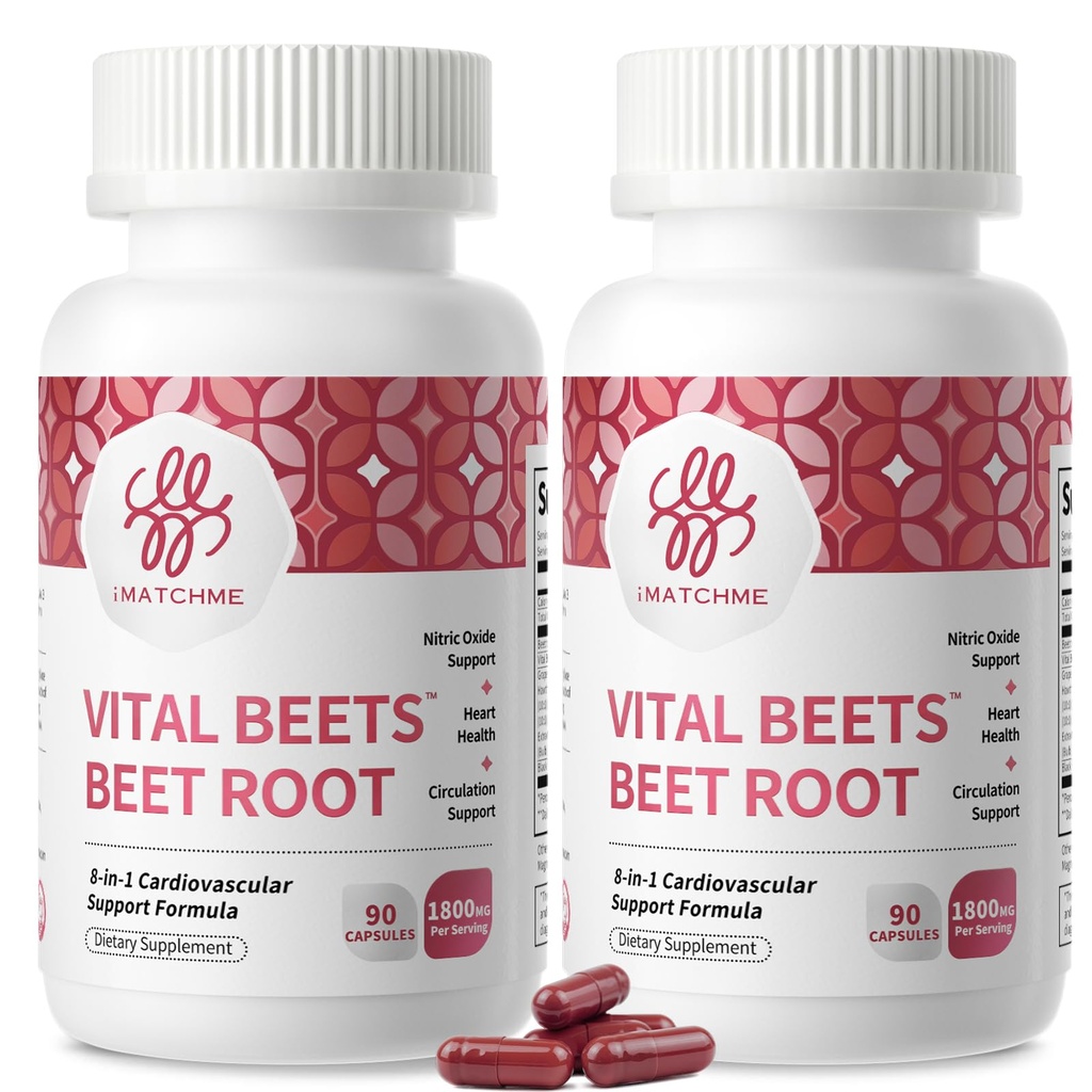 iMATCHME Vital Beets 2 Pack Beet Root Capsules 1800mg Nitric Oxide Support | 8-in-1 Heart & Circulation Complex Blood Pressure Support Cardiovascular Wellness Healthy Circulation 60 Day Supply