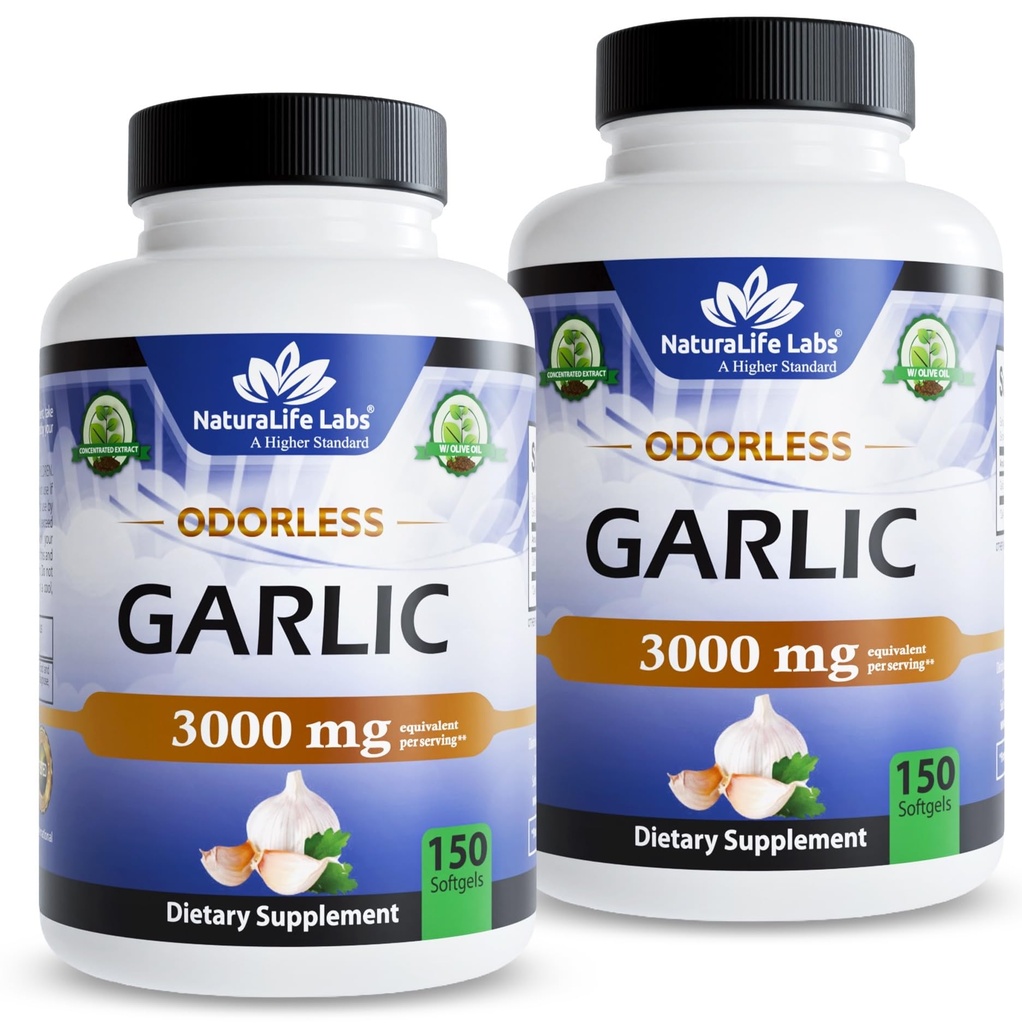 NaturaLife Labs Odorless Garlic – Concentrated 100:1 Garlic Extract with Olive Oil – 150 Softgels – Non-GMO, Gluten-Free (2 Pack)