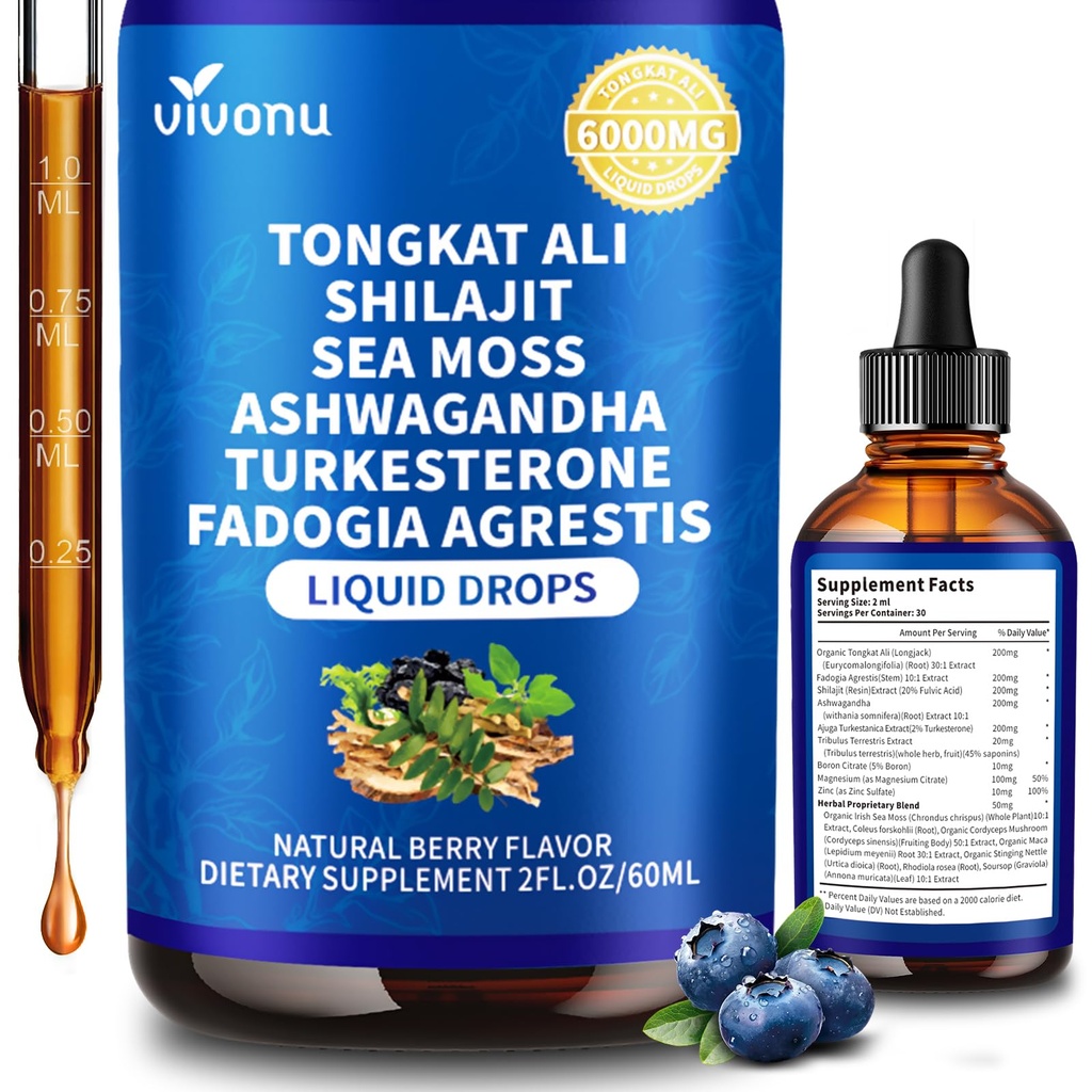 VivoNu Tongkat Ali Liquid Drops with Shilajit* for Men, Turkesterone, Fadogia Agrestics, Magnesium Zinc & Boron, Berry Flavor Herbal Supplements* for Energy*, Immune* Health-
