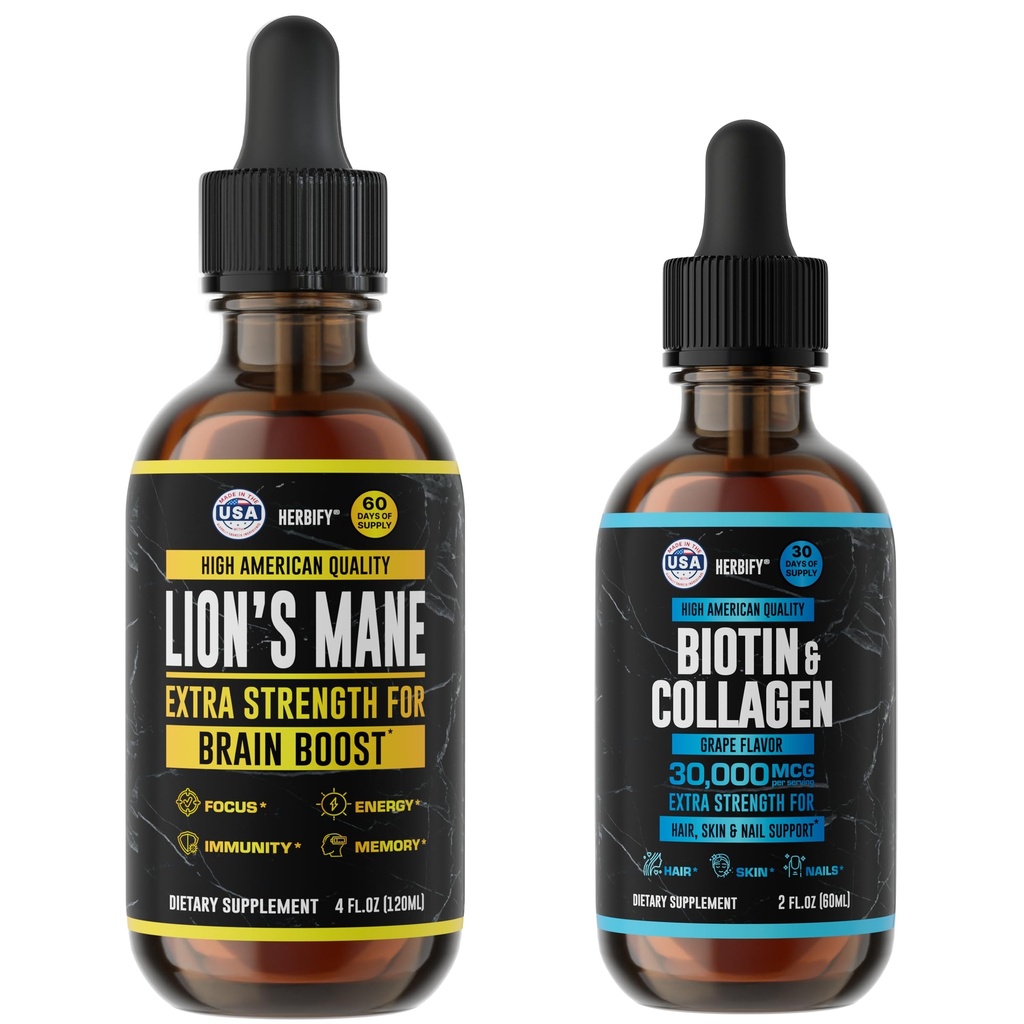 HERBIFY Bundle - Lions Mane Drops & Biotin και Collagen - Υποστήριξη εγκεφάλου, μαλλιών, δέρματος & νυχιών