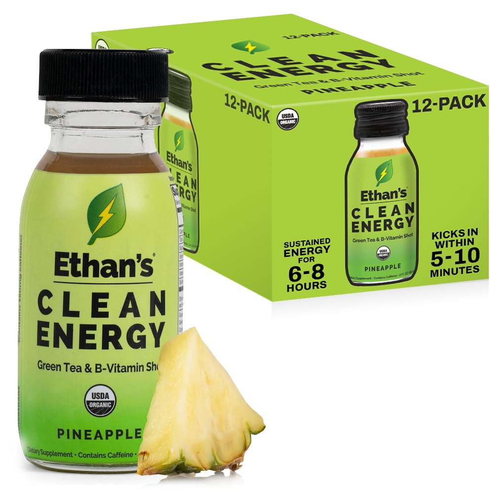 Ethan's Organic Clean Energy Shots Pineapple, 12 Pack of 2oz | 150mg Caffeine | Green Tea, Guayusa, Lion's Mane & Cordyceps | Sugar-Free, Vegan, Gluten-Free, USDA Organic