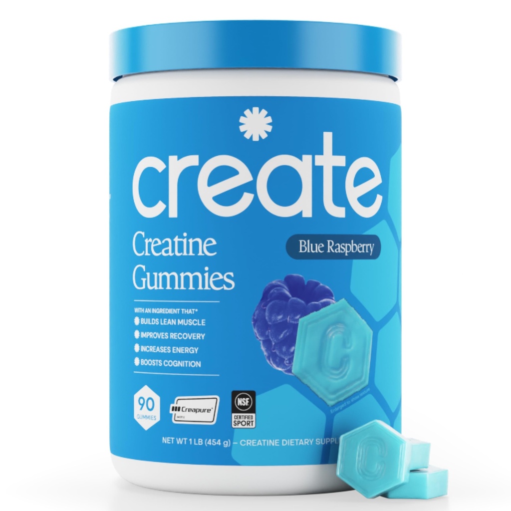 Δημιουργία Creatine Μονοένυδρη Gummies για άνδρες & γυναίκες, Boost Focus, Δύναμη, και αντοχή, Anti-Melting Formula, Vegan, Gluten-free, Μη-GMO, 1,5g Creatine per Gummy (Blue Raspberry, 90 ct)