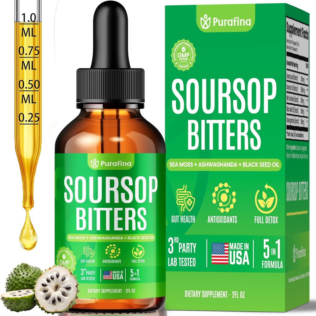 Soursop Bitters Liquid Drops 5-in-1 Detox & Cleanse with Irish Sea Moss, Black Seed Oil, Ashwagandha, Graviola Leaf Extract Organic Sour Sop Supplement Pure Herb Liver, Gut & Antioxidant (1 Bottle)