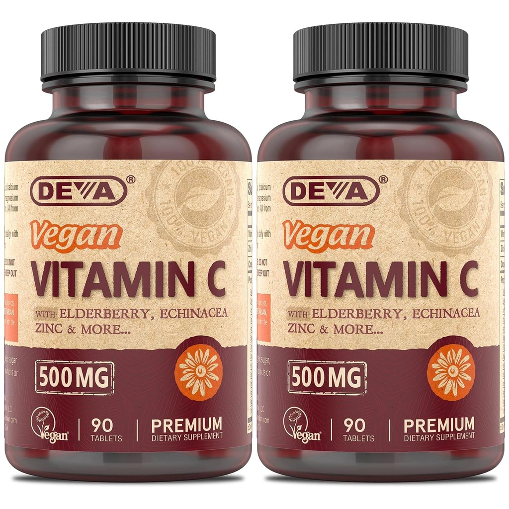 DEVA Vegan Vitamin C 500mg 2-Pack with Zinc, Elderberry, Echinacea & More, 90 Tablets Ea