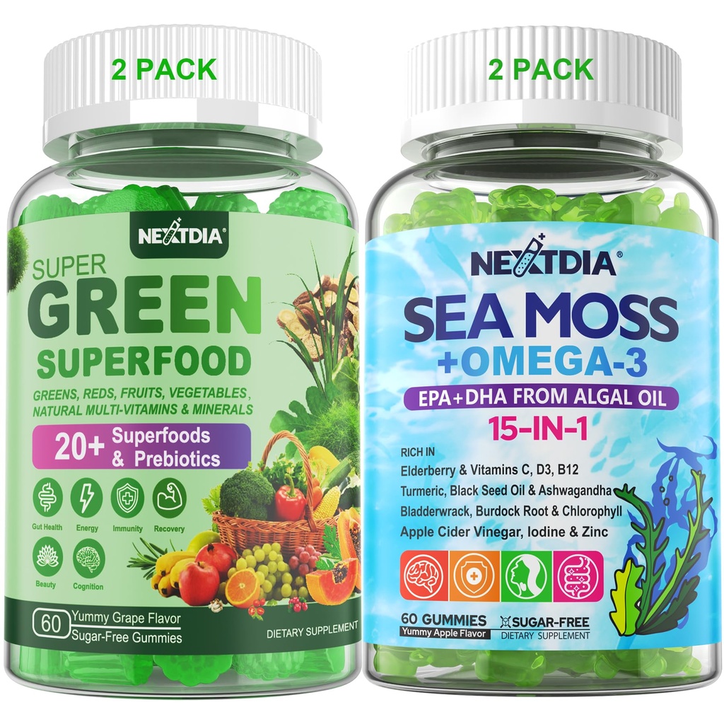 Nextdia Bundle: Super Greens Gummies 2 Pack & Sea Moss Gummies 2 Pack